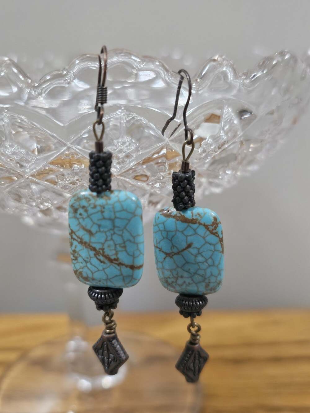 Vintage Southwestern Chunky Turquoise Howlite Rectangle Dangle Earrings Boho